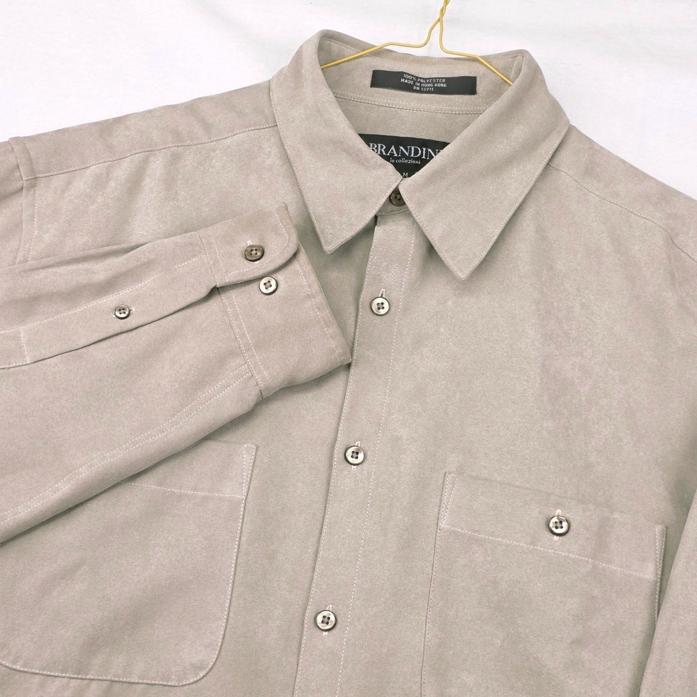 Brandini Shirt Mens Medium Tan Faux Suede Long Sleeve Button Up Chest Pockets